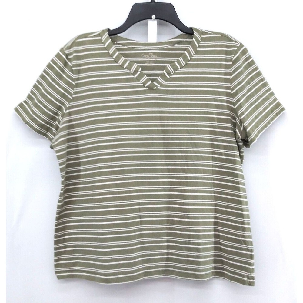 Coral Bay Shirt Womens XL Gray Striped Short Sleeve V-Neck 100% Cotton Blouse